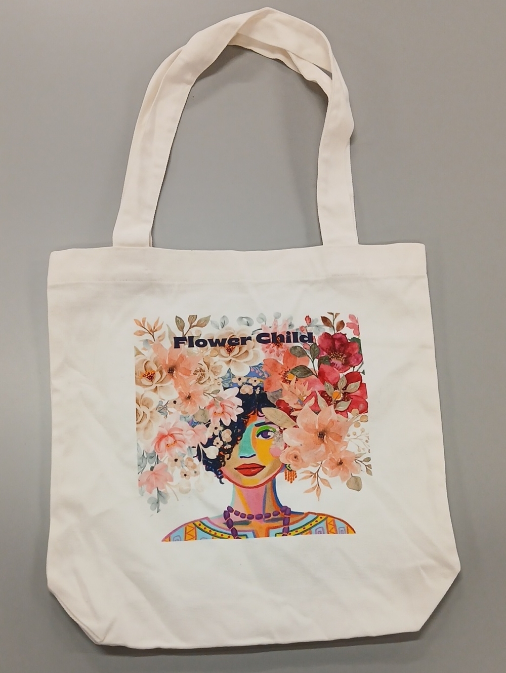 Flower Child Canvas Cotton Tote Bag with Colorful Floral Portrait - White